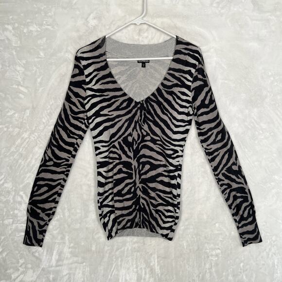 Express Y2K Women’s Sweater Size S Animal Print Zebra V Neck Long Sleeves - Picture 1 of 12